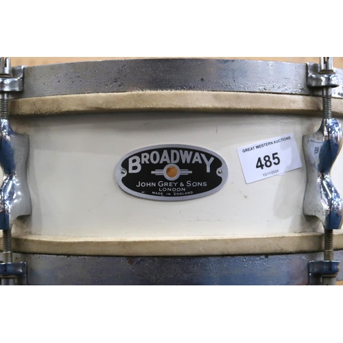 485 - A Broadway Snare Drum by John Grey & Sons, London, with a stand, two Broadway drumsticks and two... 