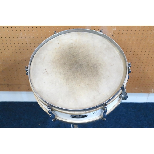 485 - A Broadway Snare Drum by John Grey & Sons, London, with a stand, two Broadway drumsticks and two... 