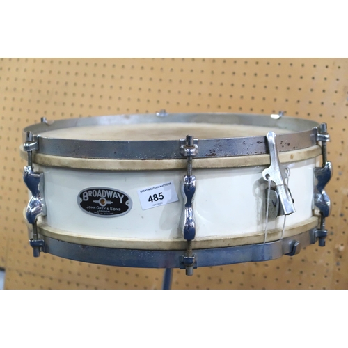 485 - A Broadway Snare Drum by John Grey & Sons, London, with a stand, two Broadway drumsticks and two... 