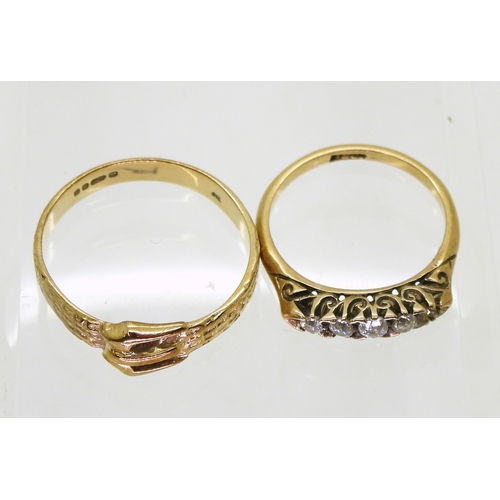 707 - An 18ct gold five stone diamond ring (one missing) finger size M, and a 9ct gold buckle ring, size T... 