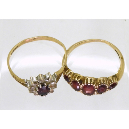 709 - A 9ct gold five stone garnet ring, size O1/2, and 9ct red and clear gem set cluster (af) size Q1/2, ... 