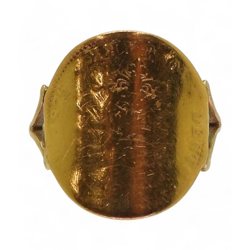 715 - An 1876 10 Mark coin (af) with soldered on yellow metal ring mount, size O1/2, weight 4.7gms