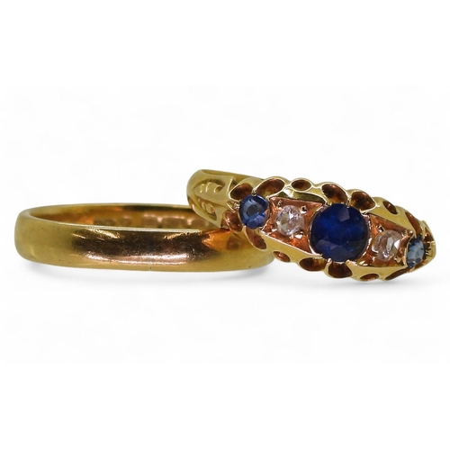 716 - An 18ct gold sapphire and rose cut diamond ring, Chester 1906, together with an 18ct wedding ring, h... 