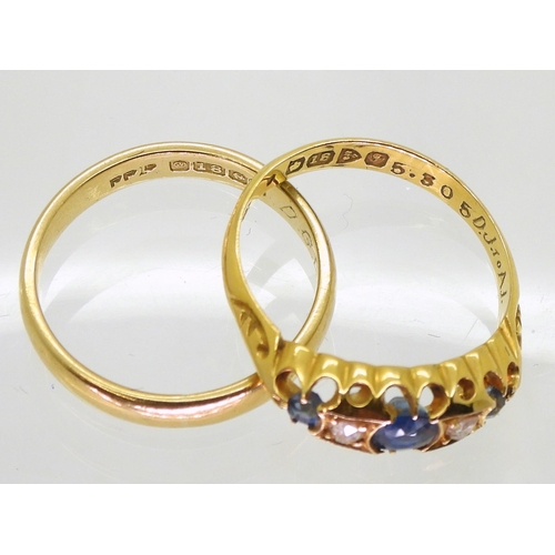 716 - An 18ct gold sapphire and rose cut diamond ring, Chester 1906, together with an 18ct wedding ring, h... 