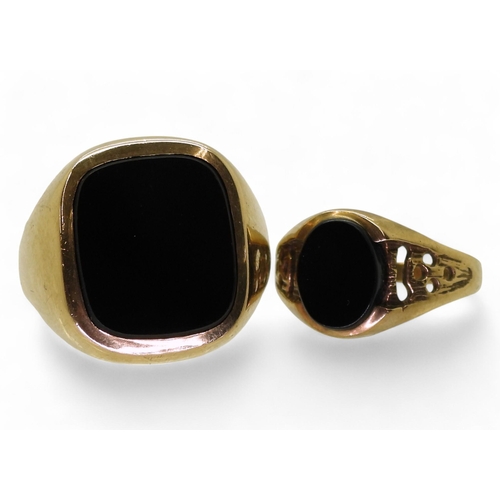 722 - Two 9ct gold onyx set signet rings. Gents size T1/2, ladies N1/2, weight together 10.7gms