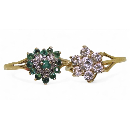 732 - A 9ct gold emerald and diamond accent, heart shaped cluster ring, size P1/2, together with a 9ct gol... 