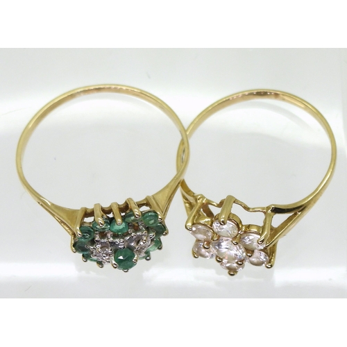 732 - A 9ct gold emerald and diamond accent, heart shaped cluster ring, size P1/2, together with a 9ct gol... 