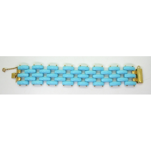 734 - A handmade turquoise  long bead, brick pattern bracelet, stamped with the Makers mark Sita to t... 