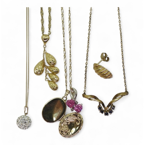 736 - A collection of 9ct pendant and chains, to include a pink gem and diamond pendant, a  and a sin... 