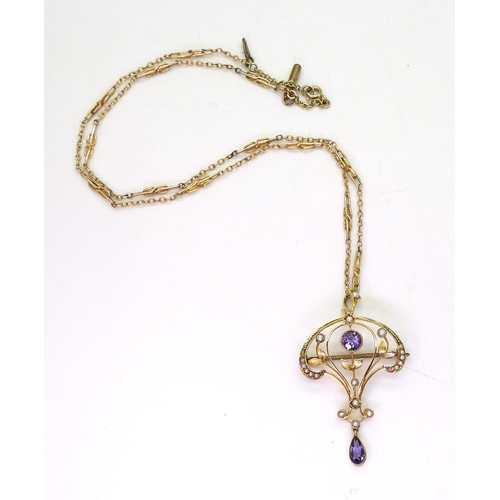 747 - A 9ct gold amethyst and pearl pendant on a 47cm, fancy 9ct gold chain, weight together 8.1gms