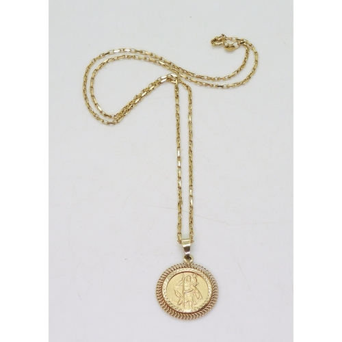 765 - A 9ct gold St. Christopher pendant and 50cm fancy belcher chain, weight 7.1gms