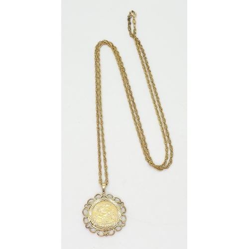 770 - A 1903 gold half sovereign in yellow metal pendant mount with a 72cm 9ct gold rope chain, weight all... 