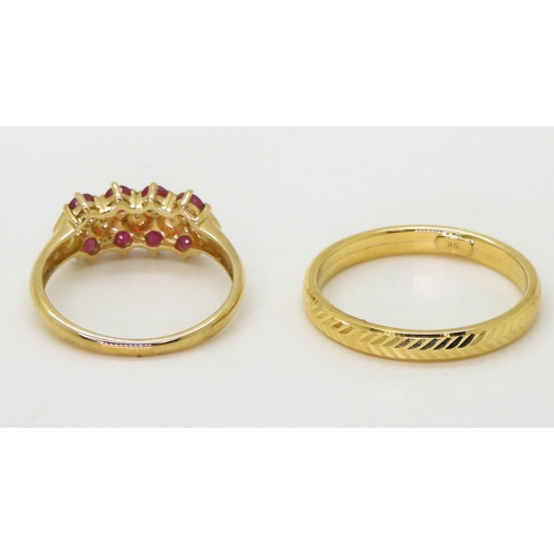 798 - A 9ct gold band ring, with herringbone pattern, size U1/2, with a 9ct gold ruby and diamond accent r... 