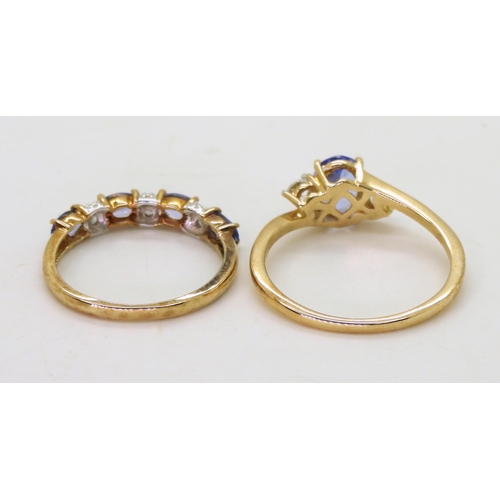 799 - A 9ct gold tanzanite and white sapphire ring T1/2, together with a tanzanite and diamond accent ring... 