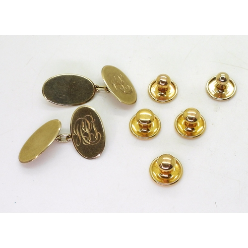 807 - A pair of 9ct gold monogramed cufflinks, and five 9ct gold shirt studs, weight all together 7.1gms