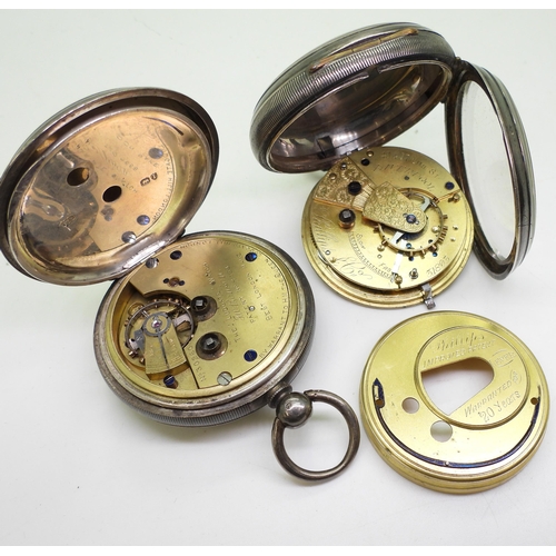 863 - A silver open-face pocket watch marked JF of Chester 1882, and a similar model possibly marked James... 