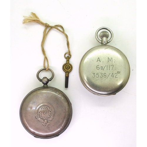 869 - A silver open-face pocket watch, marked for Chester 1884, together with a base metal stopwatch