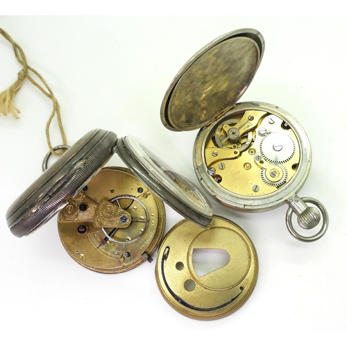 869 - A silver open-face pocket watch, marked for Chester 1884, together with a base metal stopwatch