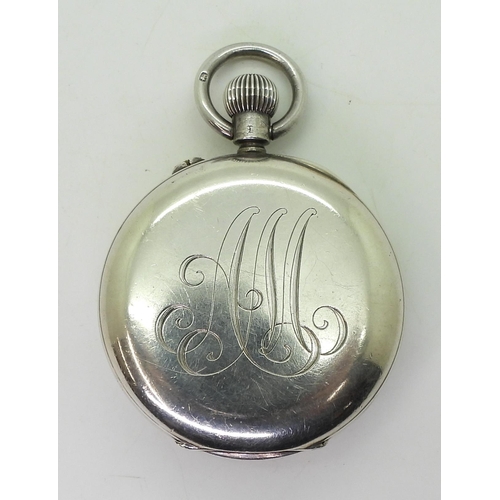 871 - A silver half-hunter pocket watch, marked J W Benson Ltd of London 1921, engraved 'AM' at the back, ... 