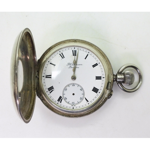 871 - A silver half-hunter pocket watch, marked J W Benson Ltd of London 1921, engraved 'AM' at the back, ... 