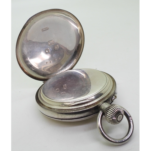 871 - A silver half-hunter pocket watch, marked J W Benson Ltd of London 1921, engraved 'AM' at the back, ... 