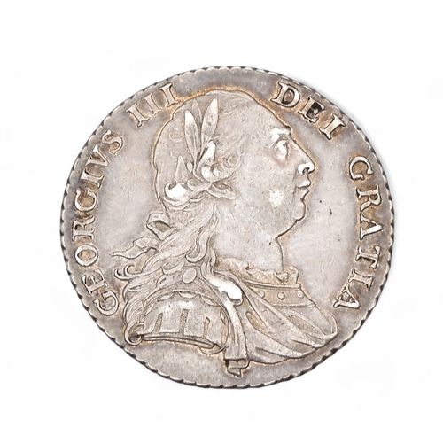 2575 - GEORGE III (1760-1820) 1 SHILLING 1787 NO STOPS OBVERSEObverseOlder laureate and cuirassed bust of K... 