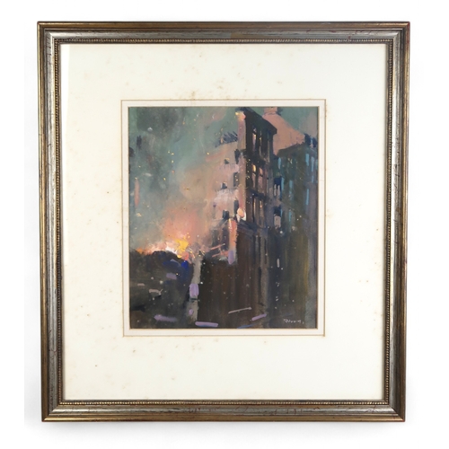 3008 - † ERNEST HOOD (SCOTTISH 1932-1988)TENEMENT FIRE, GLASGOWGouache, signed lower right, 30.5 x 25.5cm (... 