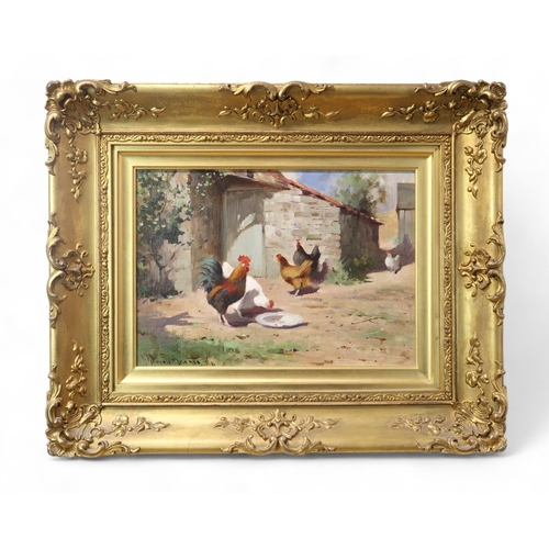 3016 - ROBERT RUSSELL MACNEE RGI (SCOTTISH 1880-1952)HENS IN A SUNNY FARMYARD Oil on canvasboard, signed lo... 