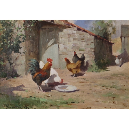 3016 - ROBERT RUSSELL MACNEE RGI (SCOTTISH 1880-1952)HENS IN A SUNNY FARMYARD Oil on canvasboard, signed lo... 