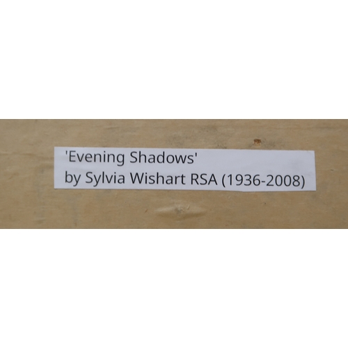 3025 - SYLVIA WISHART RSA (SCOTTISH 1936-2008)EVENING SHADOWSOil on board, bearing inscriptions verso, 63 x... 