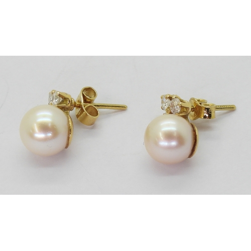 2781 - PEARL & DIAMOND EARRINGSmounted in 18ct yellow gold with post and butterfly fitting, each earrin... 