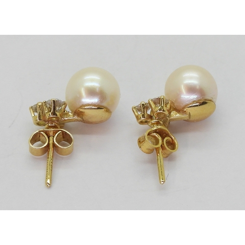 2781 - PEARL & DIAMOND EARRINGSmounted in 18ct yellow gold with post and butterfly fitting, each earrin... 