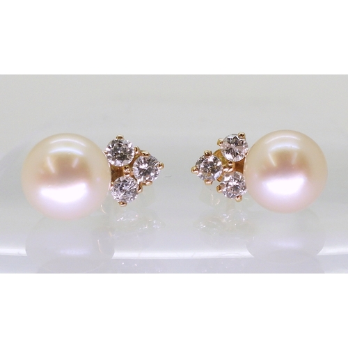 2781 - PEARL & DIAMOND EARRINGSmounted in 18ct yellow gold with post and butterfly fitting, each earrin... 