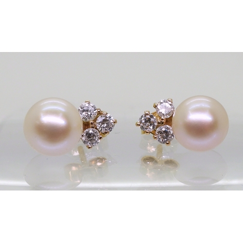 2781 - PEARL & DIAMOND EARRINGSmounted in 18ct yellow gold with post and butterfly fitting, each earrin... 