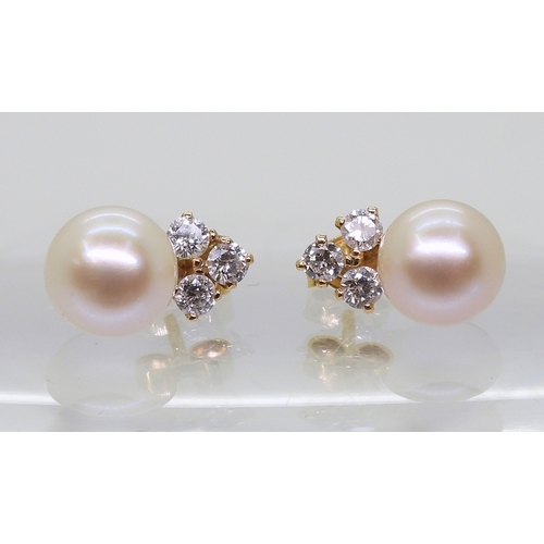 2781 - PEARL & DIAMOND EARRINGSmounted in 18ct yellow gold with post and butterfly fitting, each earrin... 