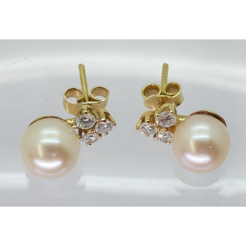 2781 - PEARL & DIAMOND EARRINGSmounted in 18ct yellow gold with post and butterfly fitting, each earrin... 