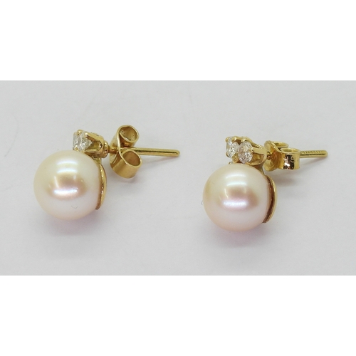 2781 - PEARL & DIAMOND EARRINGSmounted in 18ct yellow gold with post and butterfly fitting, each earrin... 