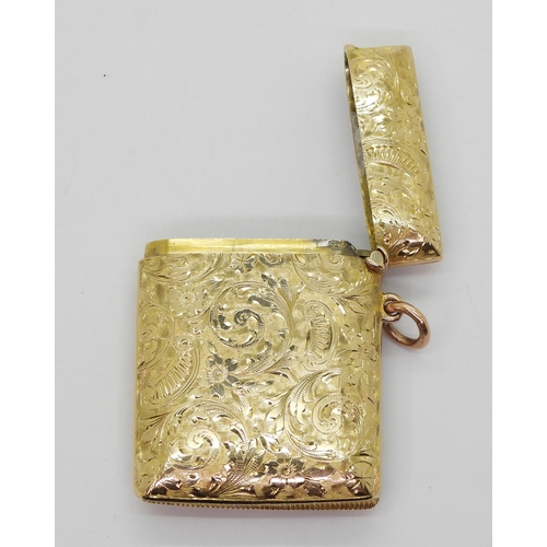 2789 - A 9CT GOLD VESTA CASEwith all over floral engraving, dimensions 5.2cm x 3.9cm, 0.7cm. Chester hallma... 