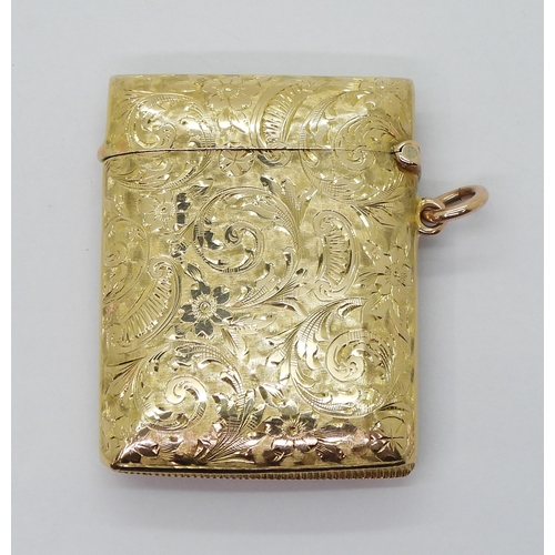 2789 - A 9CT GOLD VESTA CASEwith all over floral engraving, dimensions 5.2cm x 3.9cm, 0.7cm. Chester hallma... 