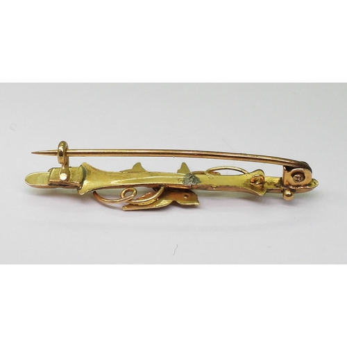 2795 - FOUR VINTAGE BROOCHESa bright yellow metal large bar brooch with a pearl studded dragonfly design, l... 