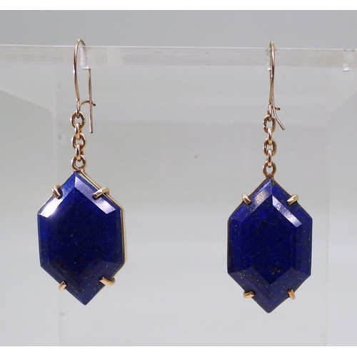 2797 - LAPIS LAZULI EARRINGSof faceted rhomboid shape, with yellow metal chain to simple hook clasps (not o... 