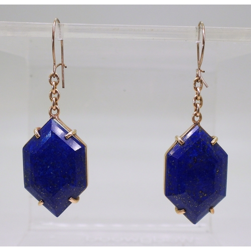 2797 - LAPIS LAZULI EARRINGSof faceted rhomboid shape, with yellow metal chain to simple hook clasps (not o... 