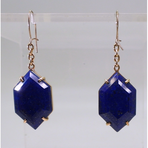 2797 - LAPIS LAZULI EARRINGSof faceted rhomboid shape, with yellow metal chain to simple hook clasps (not o... 