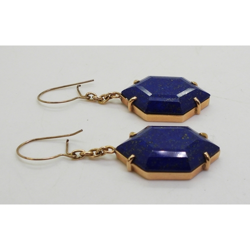 2797 - LAPIS LAZULI EARRINGSof faceted rhomboid shape, with yellow metal chain to simple hook clasps (not o... 