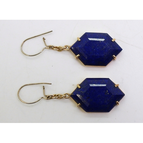 2797 - LAPIS LAZULI EARRINGSof faceted rhomboid shape, with yellow metal chain to simple hook clasps (not o... 