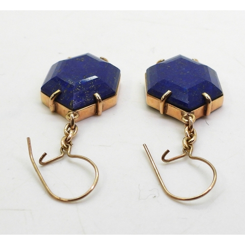 2797 - LAPIS LAZULI EARRINGSof faceted rhomboid shape, with yellow metal chain to simple hook clasps (not o... 