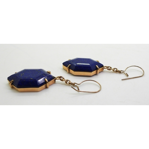 2797 - LAPIS LAZULI EARRINGSof faceted rhomboid shape, with yellow metal chain to simple hook clasps (not o... 