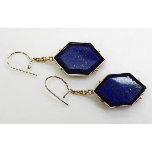 2797 - LAPIS LAZULI EARRINGSof faceted rhomboid shape, with yellow metal chain to simple hook clasps (not o... 