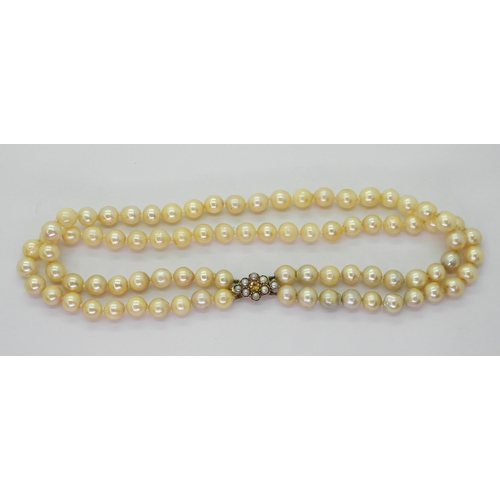 2809 - BAROQUE PEARLSa double string necklace with a 9ct gold citrine and pearl set decorative clasp. Short... 