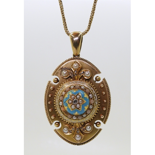 2819 - A VICTORIAN PENDANTthe locket back pendant in bright yellow metal, has turquoise and white enamel de... 